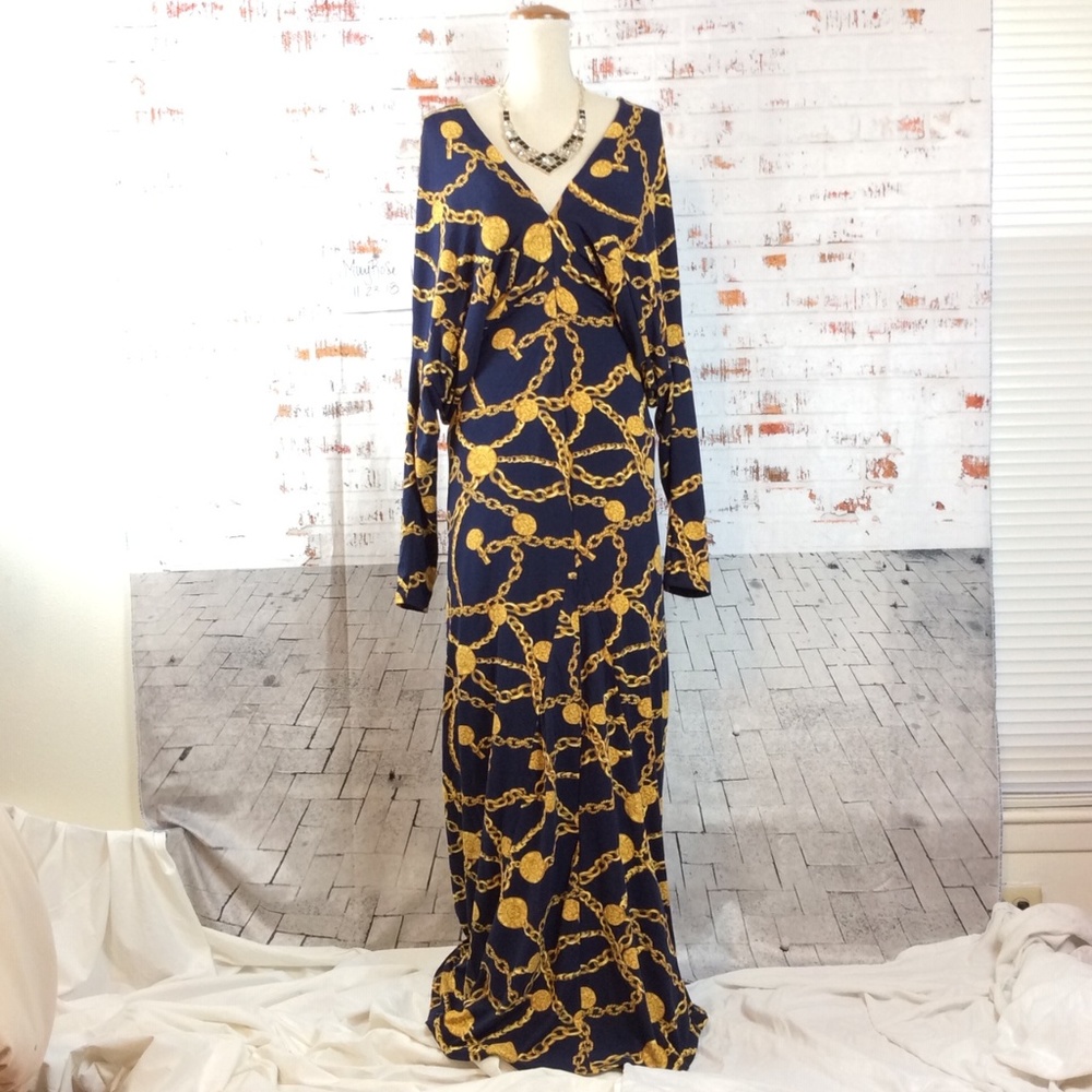 EUC Karen T Design Blue & Gold Cowl Back Dress